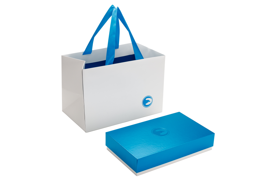 White Color Embossing logo Paper Bags with blue metal foil paper inside